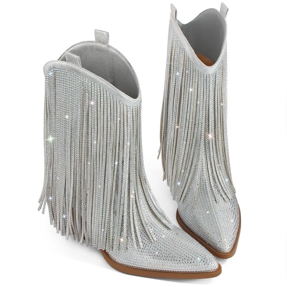 Silver Rhinestone Fringe Cowgirl Boots - Picture 5 of 8